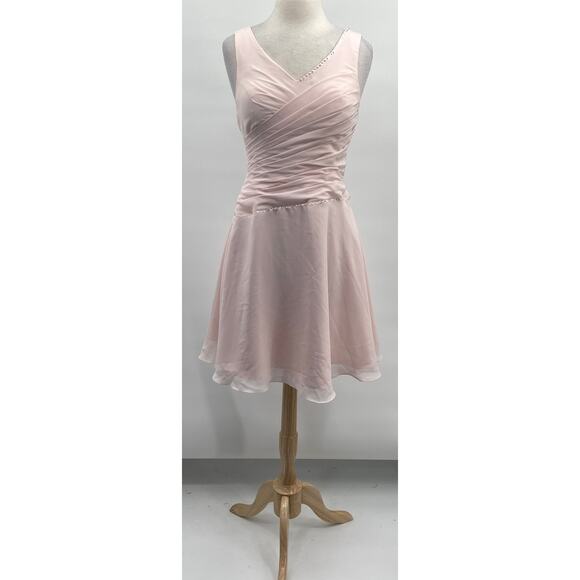 JJs House Chiffon Mini Dress Fit & Flare Pleated Bodice Vneck Blush Pink NEW 8 - Picture 2 of 13